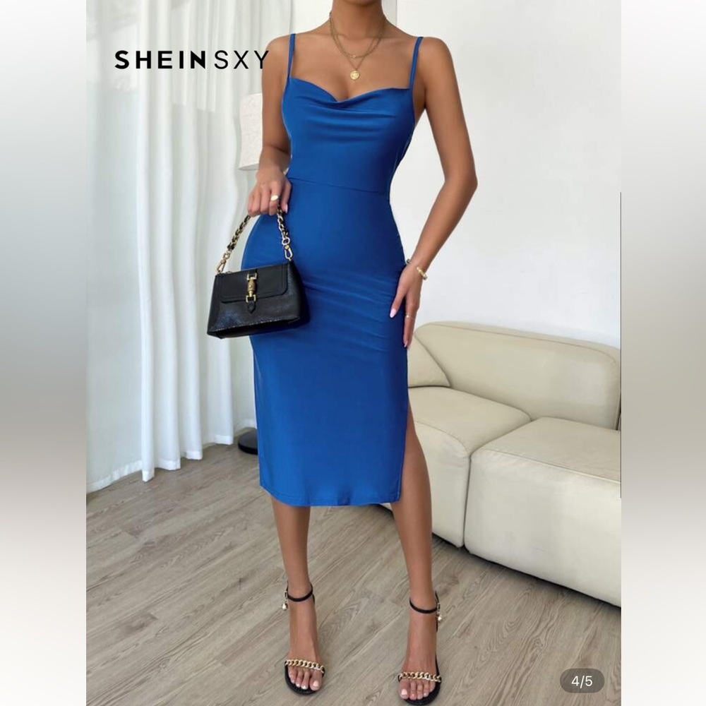 🩷 3 for $25 SHEIN Draped Collar Slit Thigh Cami Blue Dress